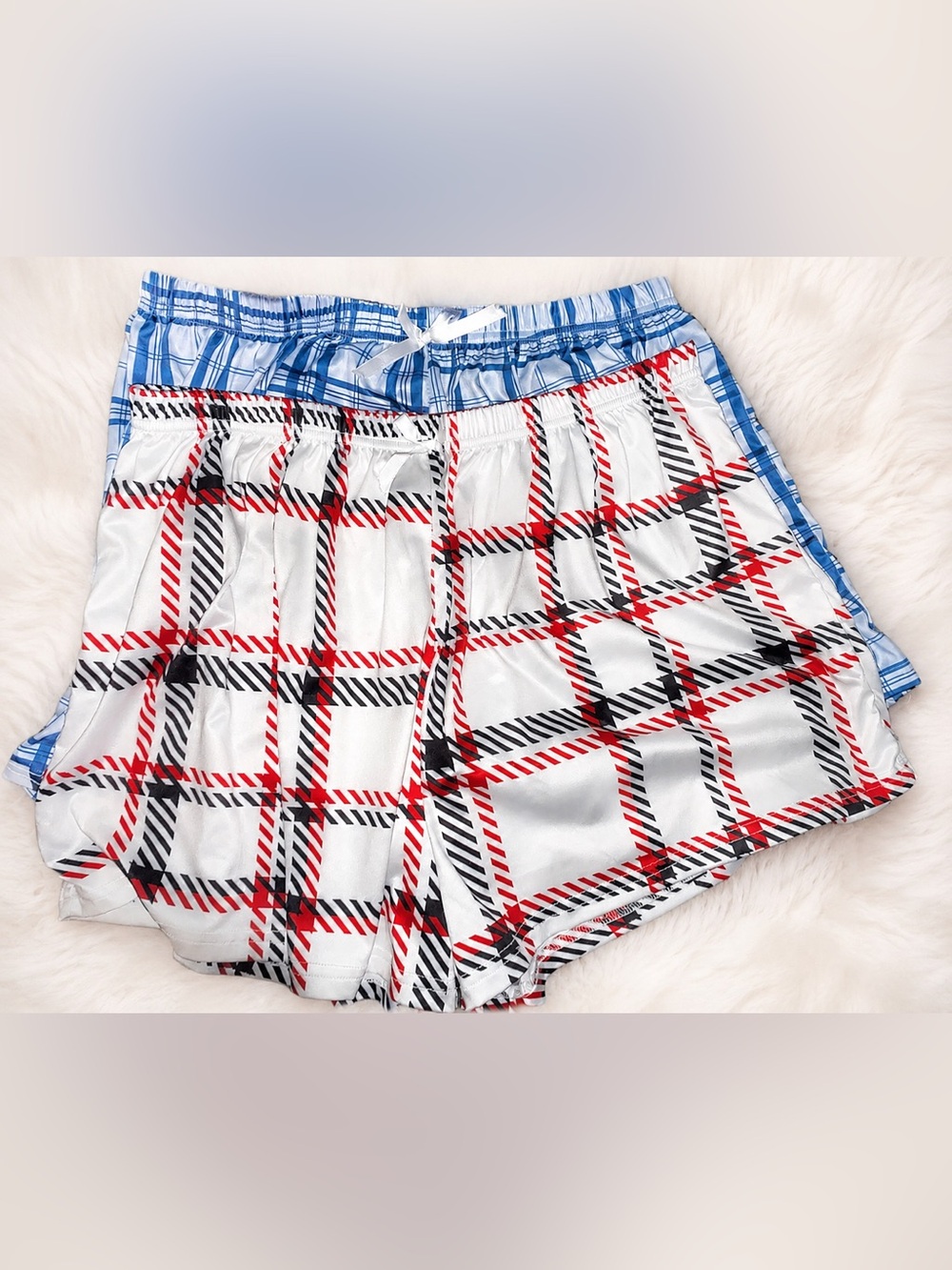 Plaid Satin Lounge Shorts - Red, Black & White